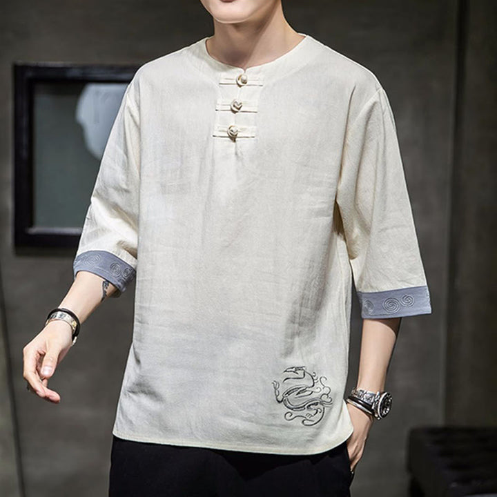 Buddha Stones Rana-Bottone Drago Ricamo Cinese Tang Suit Camicia Manica Tre Quarti Cotone Lino Abbigliamento Uomo