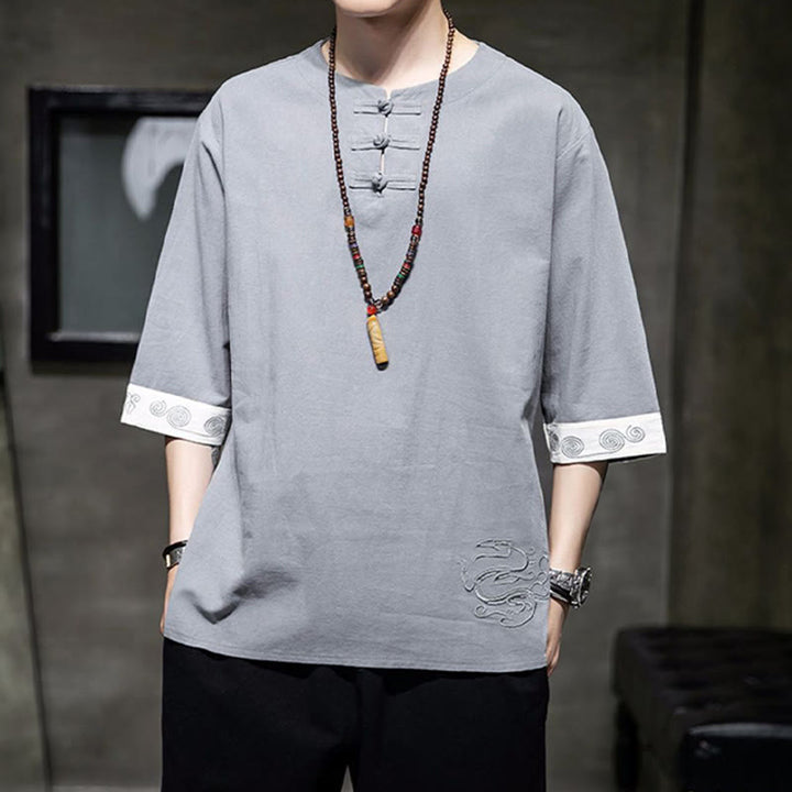 Buddha Stones Rana-Bottone Drago Ricamo Cinese Tang Suit Camicia Manica Tre Quarti Cotone Lino Abbigliamento Uomo