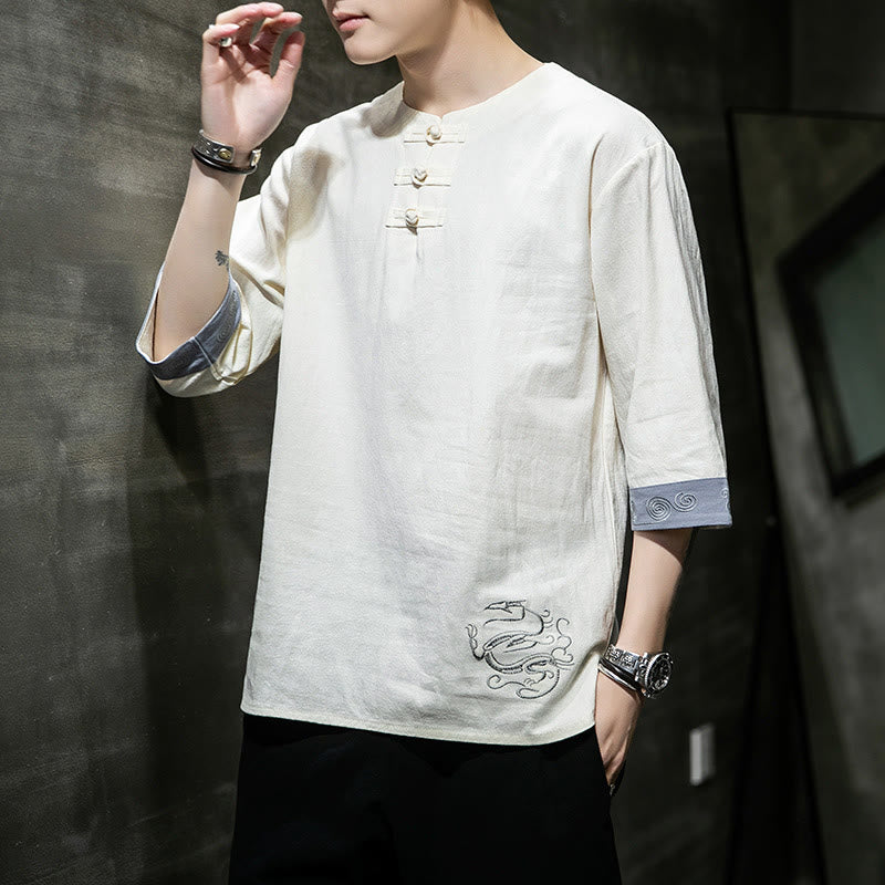 Buddha Stones Rana-Bottone Drago Ricamo Cinese Tang Suit Camicia Manica Tre Quarti Cotone Lino Abbigliamento Uomo - image 10