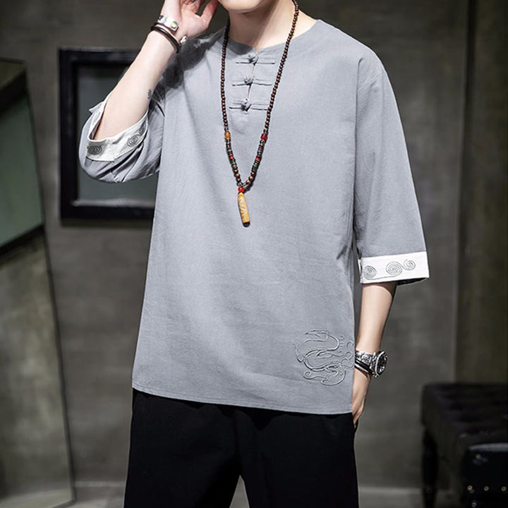 Buddha Stones Rana-Bottone Drago Ricamo Cinese Tang Suit Camicia Manica Tre Quarti Cotone Lino Abbigliamento Uomo