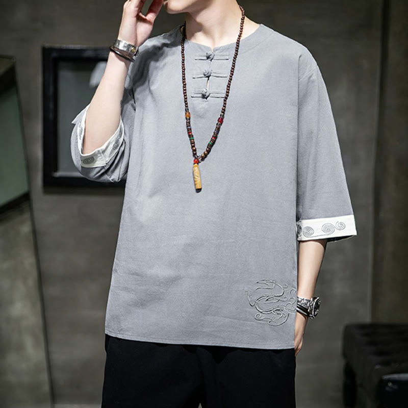 Buddha Stones Rana-Bottone Drago Ricamo Cinese Tang Suit Camicia Manica Tre Quarti Cotone Lino Abbigliamento Uomo