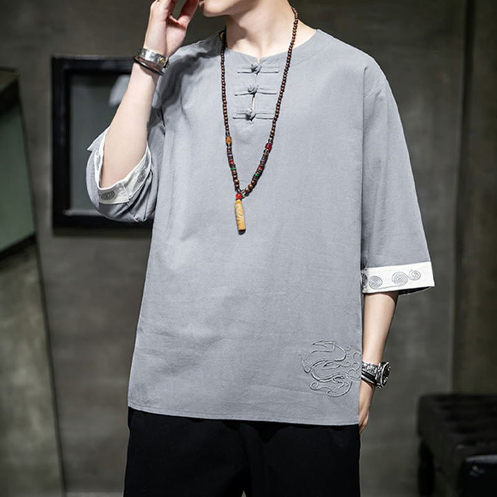 Buddha Stones Rana-Bottone Drago Ricamo Cinese Tang Suit Camicia Manica Tre Quarti Cotone Lino Abbigliamento Uomo