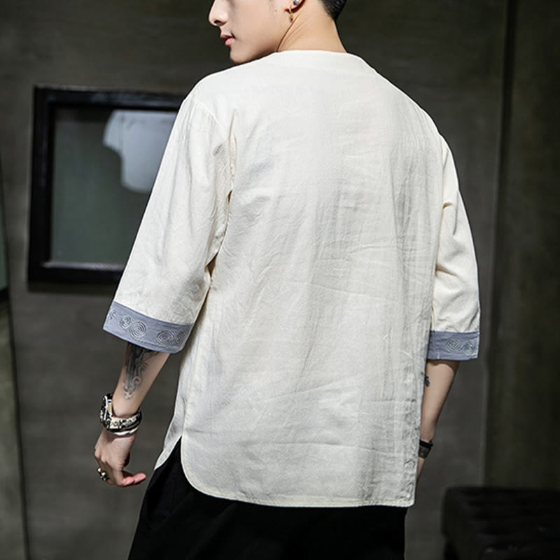 Buddha Stones Rana-Bottone Drago Ricamo Cinese Tang Suit Camicia Manica Tre Quarti Cotone Lino Abbigliamento Uomo - image 3