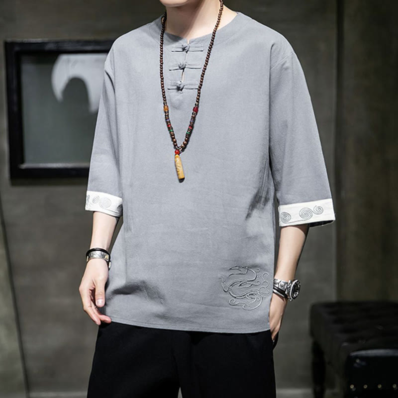 Buddha Stones Rana-Bottone Drago Ricamo Cinese Tang Suit Camicia Manica Tre Quarti Cotone Lino Abbigliamento Uomo - image 13