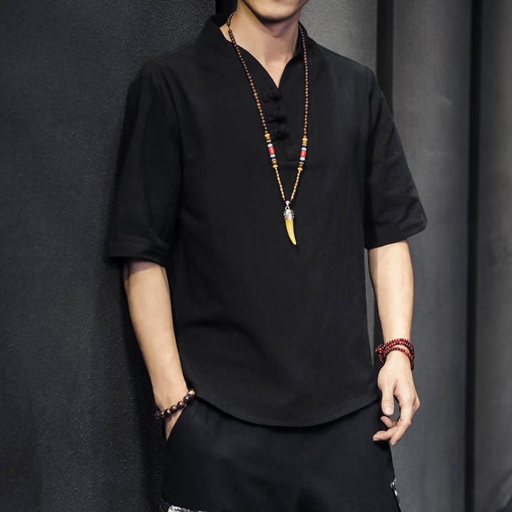 Camicia casual estiva a maniche corte in cotone con Buddha Stones, abbigliamento da uomo - Nero - US/UK/AU46, EU56 (5XL) - image 8