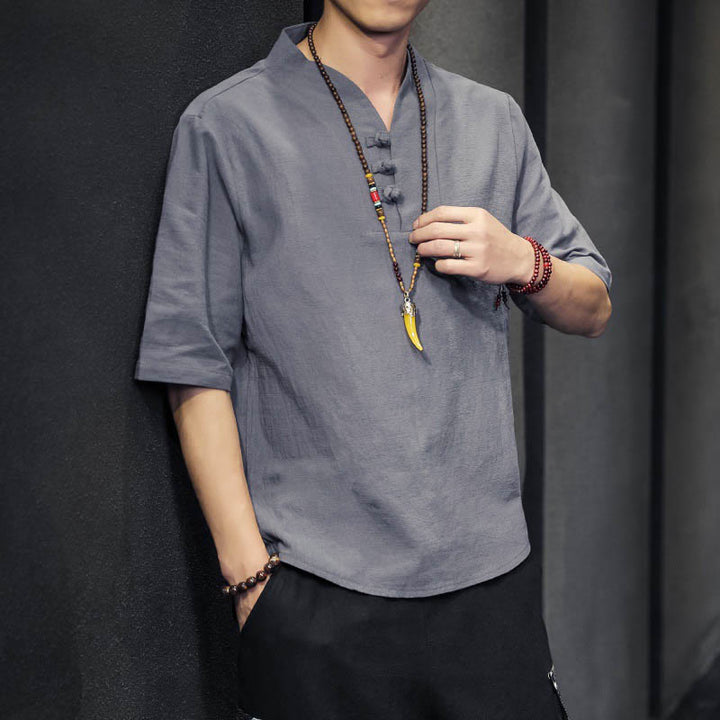 Camicia casual estiva a maniche corte in cotone con Buddha Stones, abbigliamento da uomo - Grigio - US/UK/AU46, EU56 (5XL) - image 16