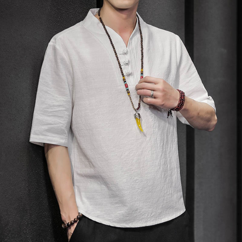 Camicia casual estiva a maniche corte in cotone con Buddha Stones, abbigliamento da uomo - image 7