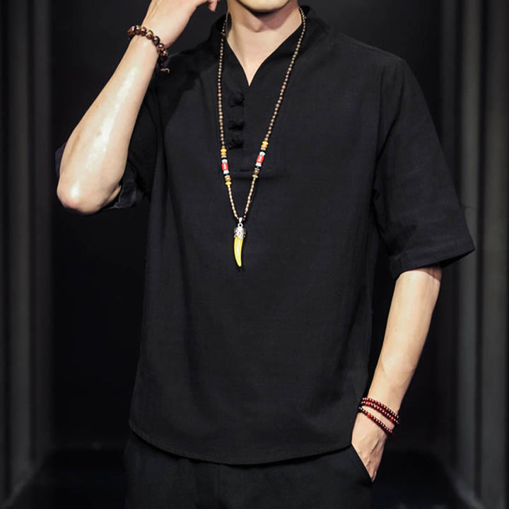 Camicia casual estiva a maniche corte in cotone con Buddha Stones, abbigliamento da uomo - image 11