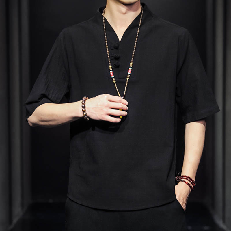 Camicia casual estiva a maniche corte in cotone con Buddha Stones, abbigliamento da uomo - image 12