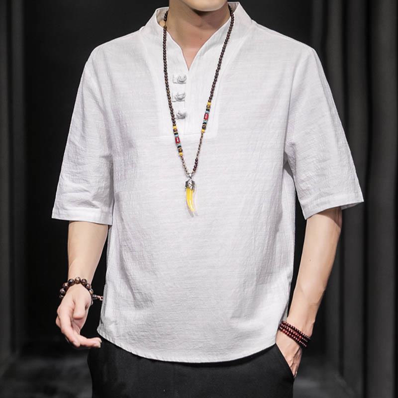 Camicia casual estiva a maniche corte in cotone con Buddha Stones, abbigliamento da uomo - image 5