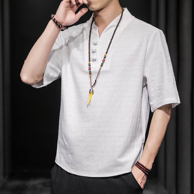 Camicia casual estiva a maniche corte in cotone con Buddha Stones, abbigliamento da uomo - image 4