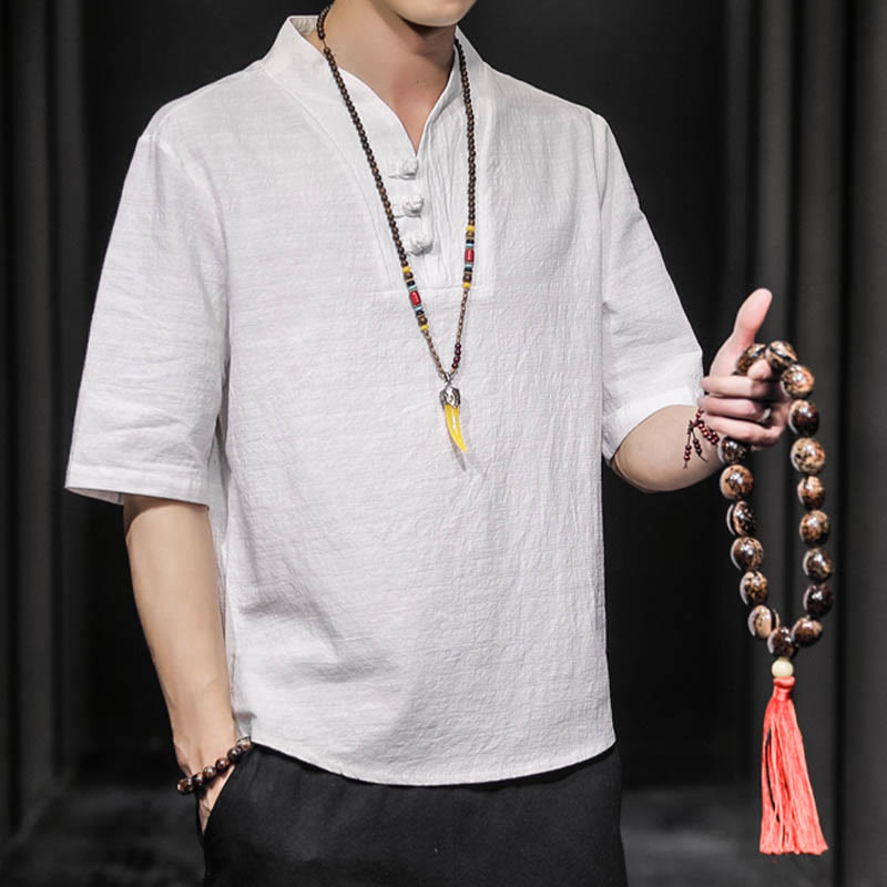 Camicia casual estiva a maniche corte in cotone con Buddha Stones, abbigliamento da uomo - image 7