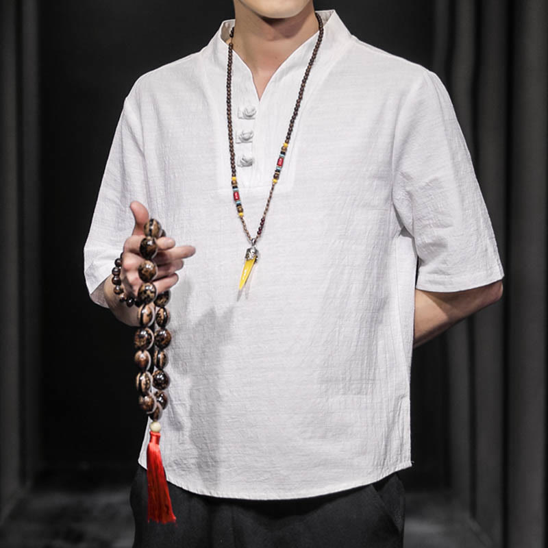 Camicia casual estiva a maniche corte in cotone con Buddha Stones, abbigliamento da uomo - image 5