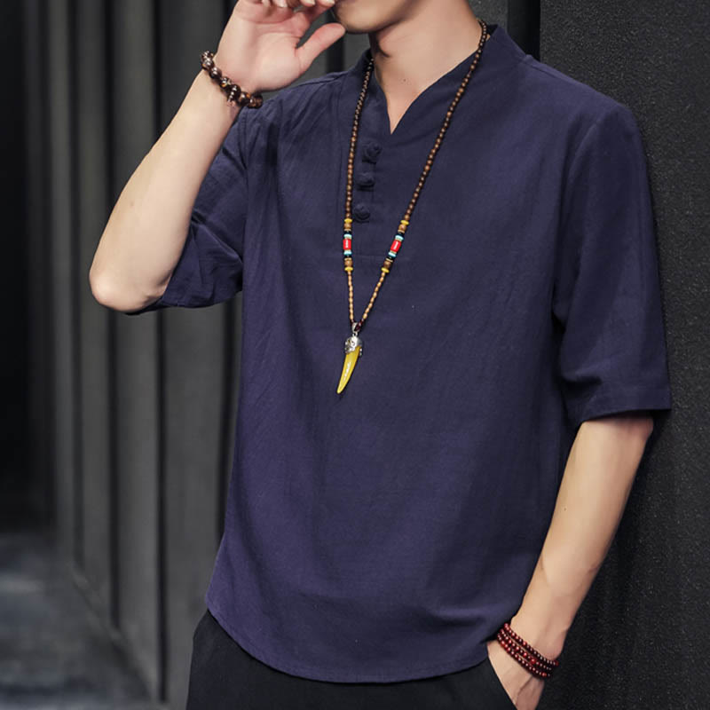 Camicia casual estiva a maniche corte in cotone con Buddha Stones, abbigliamento da uomo - image 30