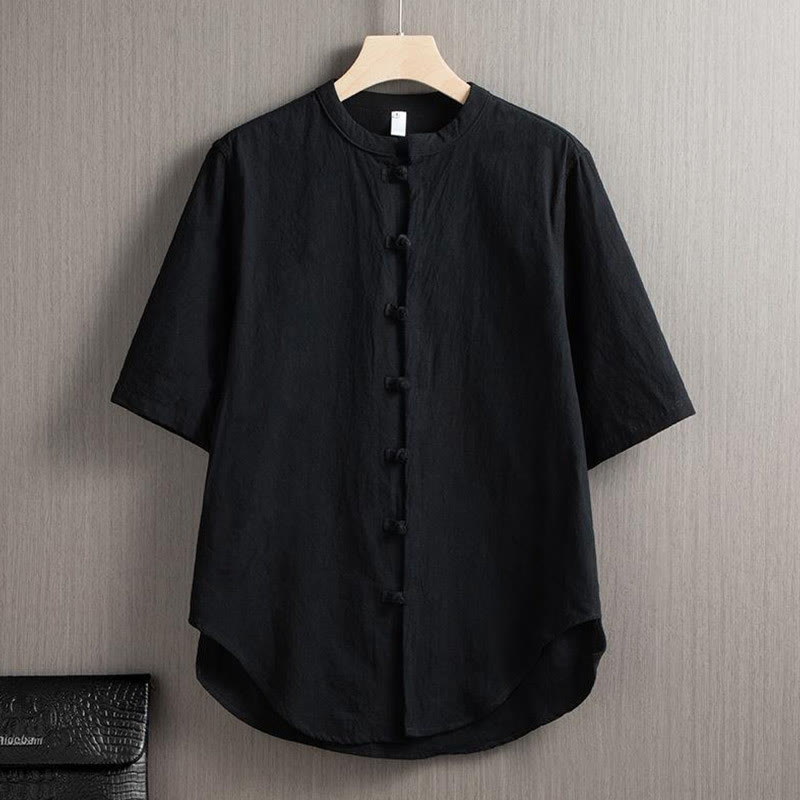 Camicia a maniche corte in cotone e lino con bottoni a rana, stile cinese, stile Buddha Stones - Nero - US/UK/AU46, EU56 (5XL) - image 5