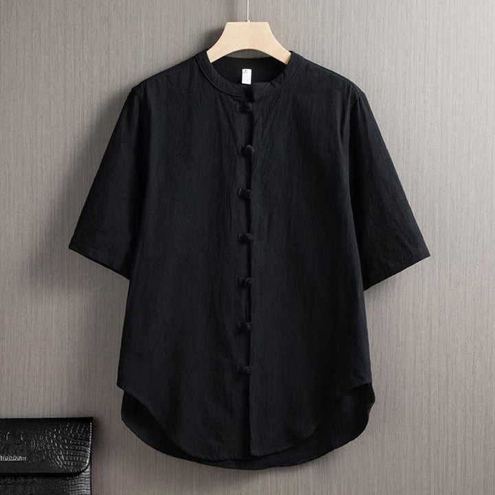 Camicia a maniche corte in cotone e lino con bottoni a rana, stile cinese, stile Buddha Stones - Nero - US/UK/AU46, EU56 (5XL) - image 5