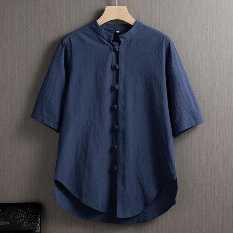 Camicia a maniche corte in cotone e lino con bottoni a rana, stile cinese, stile Buddha Stones - Blu acciaio - US/UK/AU46, EU56 (5XL) - image 6