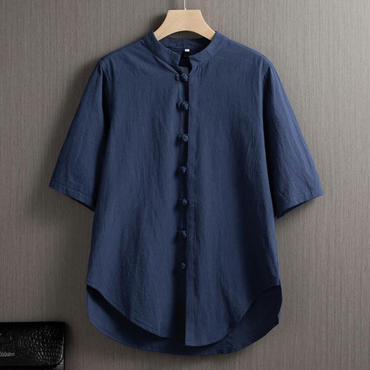 Camicia a maniche corte in cotone e lino con bottoni a rana, stile cinese, stile Buddha Stones - Blu acciaio - US/UK/AU46, EU56 (5XL) - image 7