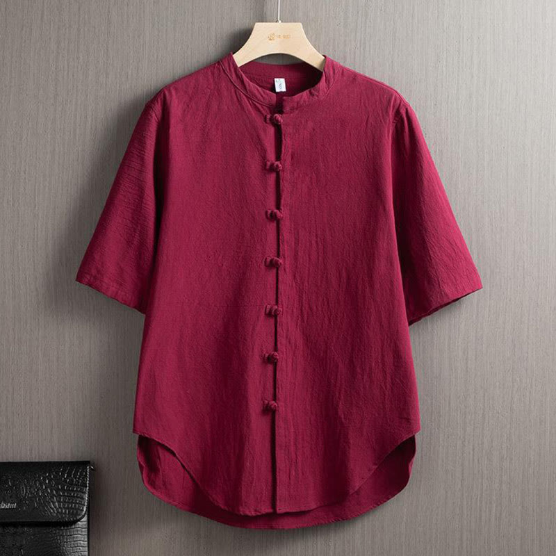 Camicia a maniche corte in cotone e lino con bottoni a rana, stile cinese, stile Buddha Stones - IndianRed - US/UK/AU46, EU56 (5XL) - image 2
