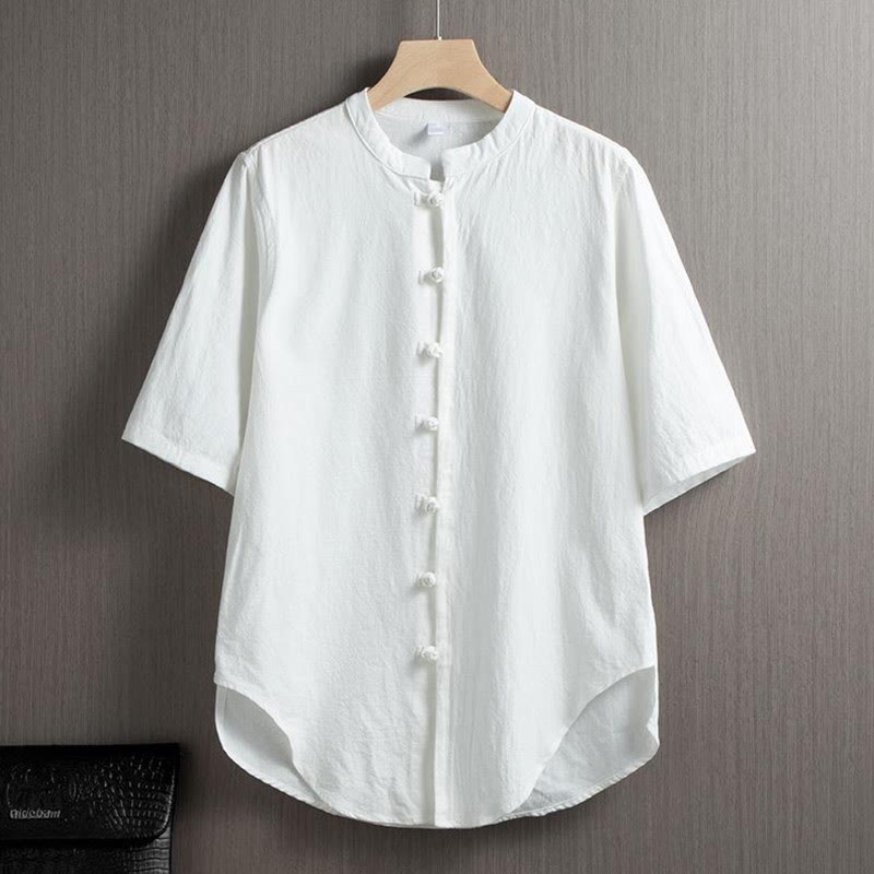 Camicia a maniche corte in cotone e lino con bottoni a rana, stile cinese, stile Buddha Stones - Bianco - US/UK/AU46, EU56 (5XL) - image 0