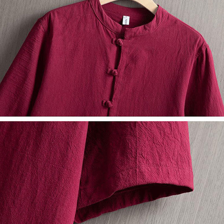 Camicia a maniche corte in cotone e lino con bottoni a rana, stile cinese, stile Buddha Stones - image 3