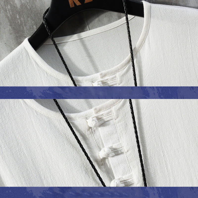 Buddha Stones Frog-Button Tinta Unita Cinese Tang Suit Mezza Manica Camicia Lino Abbigliamento Uomo - image 2