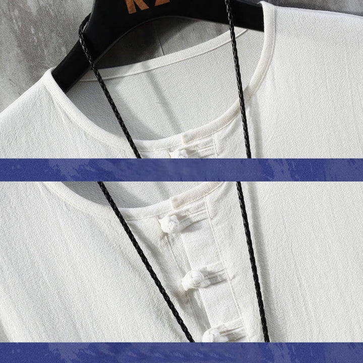 Buddha Stones Frog-Button Tinta Unita Cinese Tang Suit Mezza Manica Camicia Lino Abbigliamento Uomo - image 2