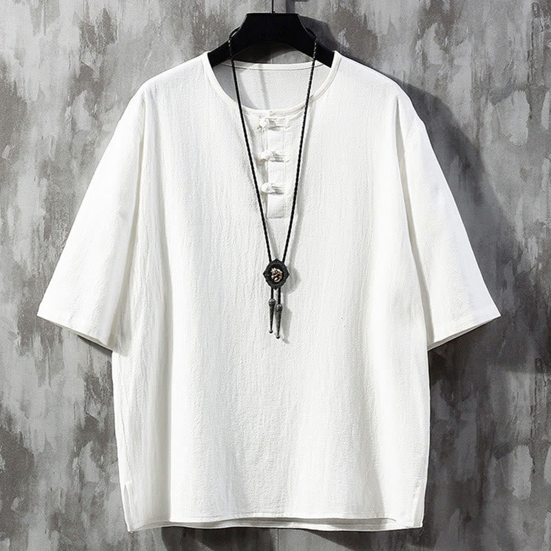 Buddha Stones Frog-Button Tinta Unita Cinese Tang Suit Mezza Manica Camicia Lino Abbigliamento Uomo - Bianco - US/UK/AU46, EU56 (5XL)  - image 1