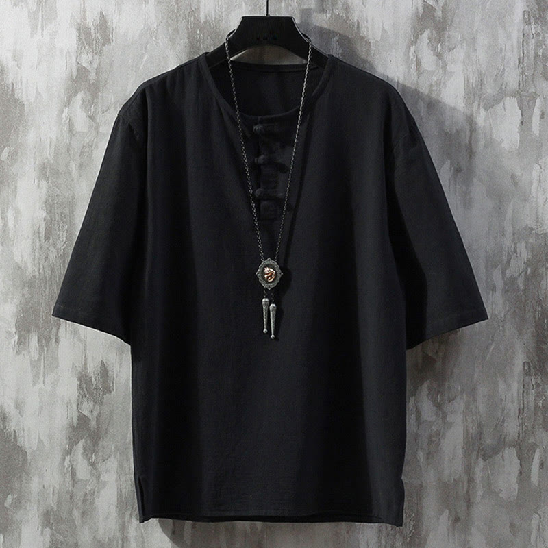 Buddha Stones Frog-Button Tinta Unita Cinese Tang Suit Mezza Manica Camicia Lino Abbigliamento Uomo - Nero - US/UK/AU46, EU56 (5XL)  - image 4