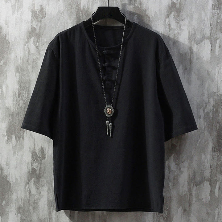 Buddha Stones Frog-Button Tinta Unita Cinese Tang Suit Mezza Manica Camicia Lino Abbigliamento Uomo - Nero - US/UK/AU46, EU56 (5XL)  - image 4