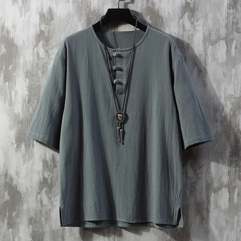 Buddha Stones Frog-Button Tinta Unita Cinese Tang Suit Mezza Manica Camicia Lino Abbigliamento Uomo - Grigio ardesia chiaro - US/UK/AU46, EU56 (5XL)  - image 1