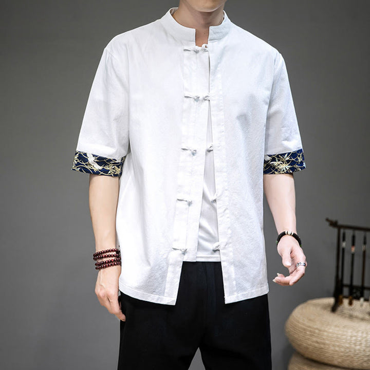 Camicia a maniche corte con Buddha Stones , in lino, con bottoni a rana, stile cinese Tang, abbigliamento da uomo - image 2