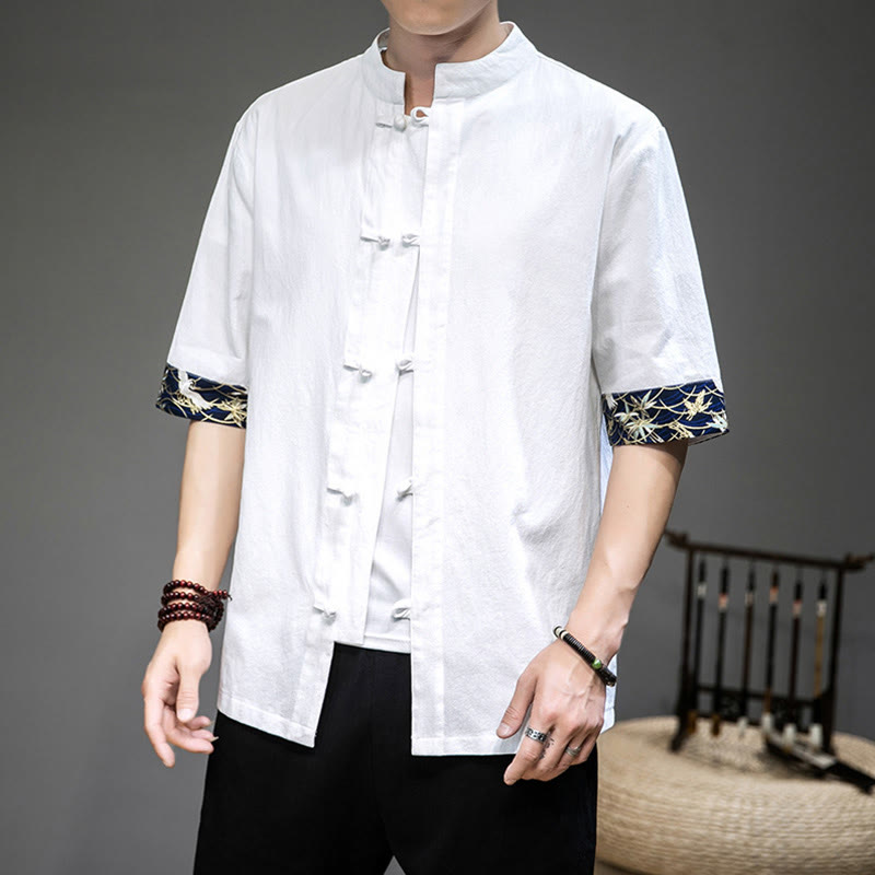 Camicia a maniche corte con Buddha Stones , in lino, con bottoni a rana, stile cinese Tang, abbigliamento da uomo - Bianco - US/UK/AU46, EU56 (5XL) - image 0