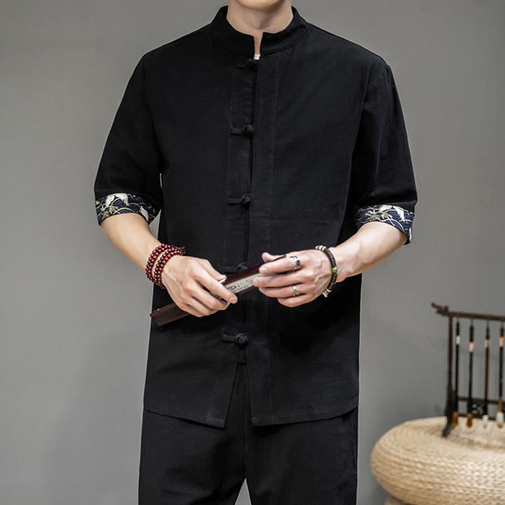 Camicia a maniche corte con Buddha Stones , in lino, con bottoni a rana, stile cinese Tang, abbigliamento da uomo - Nero - US/UK/AU46, EU56 (5XL) - image 3