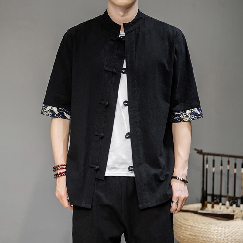 Camicia a maniche corte con Buddha Stones , in lino, con bottoni a rana, stile cinese Tang, abbigliamento da uomo - image 5