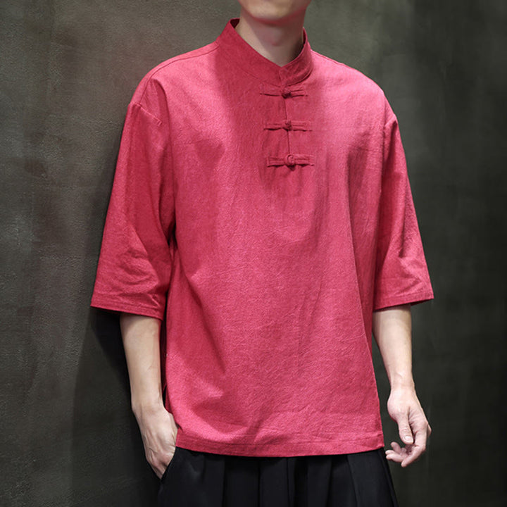 Camicia in cotone e lino a mezza manica con bottoni cinesi a forma di rana da uomo Buddha Stones - Salmone - US/UK/AU46, EU56 (5XL)  - image 12