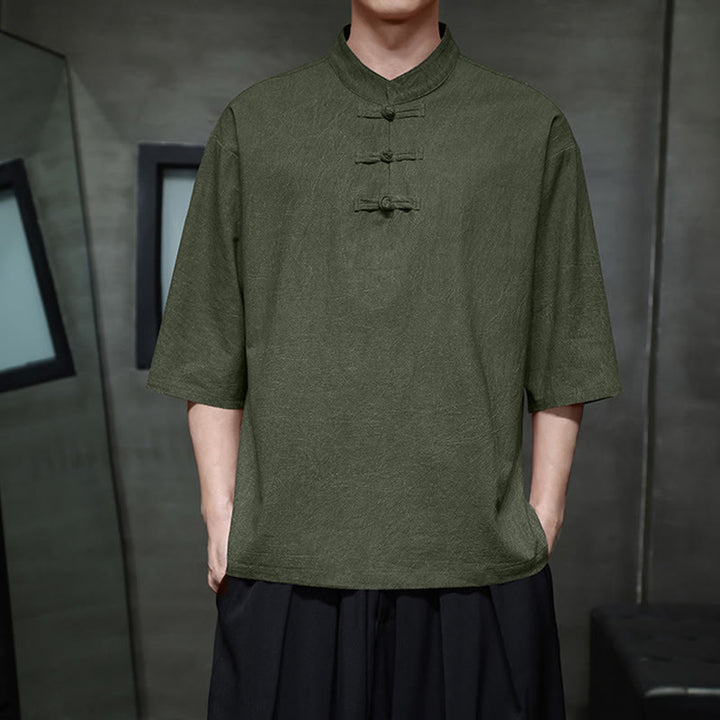 Camicia in cotone e lino a mezza manica con bottoni cinesi a forma di rana da uomo Buddha Stones - Verde oliva scuro - US/UK/AU46, EU56 (5XL)  - image 0