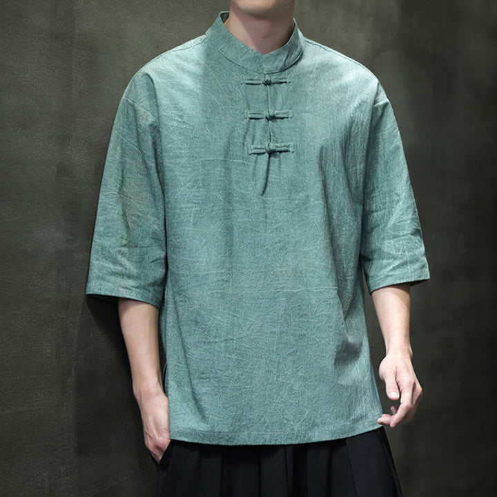 Camicia in cotone e lino a mezza manica con bottoni cinesi a forma di rana da uomo Buddha Stones - Acquamarina media - US/UK/AU46, EU56 (5XL)  - image 6