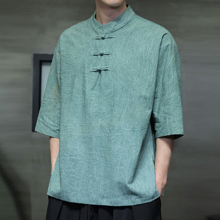 Camicia in cotone e lino a mezza manica con bottoni cinesi a forma di rana da uomo Buddha Stones - image 10