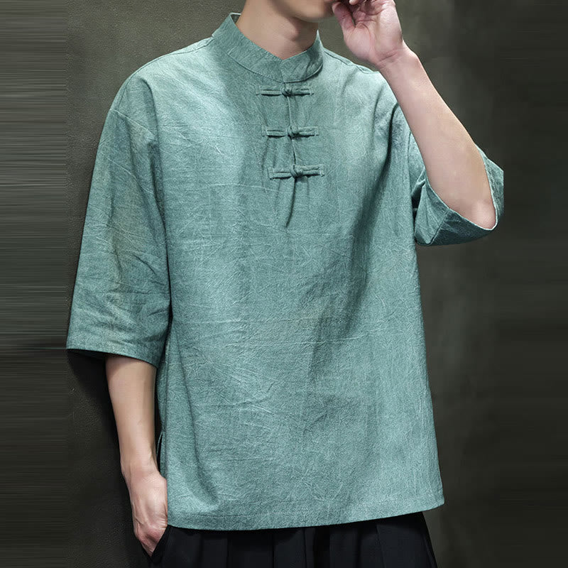 Camicia in cotone e lino a mezza manica con bottoni cinesi a forma di rana da uomo Buddha Stones - image 9