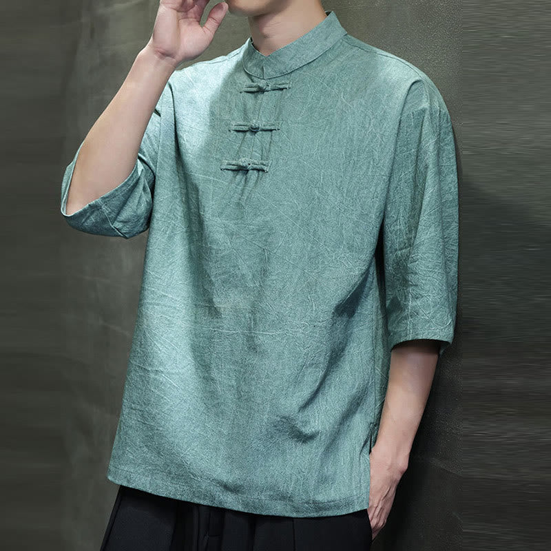 Camicia in cotone e lino a mezza manica con bottoni cinesi a forma di rana da uomo Buddha Stones - image 9