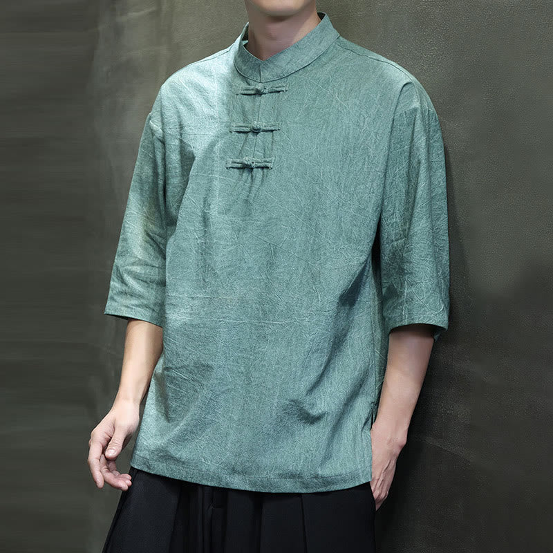 Camicia in cotone e lino a mezza manica con bottoni cinesi a forma di rana da uomo Buddha Stones - image 11