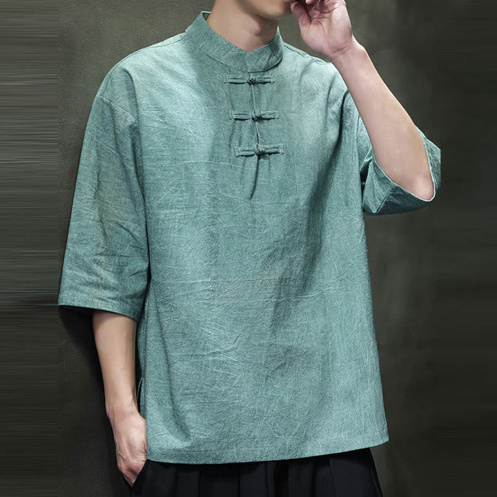 Camicia in cotone e lino a mezza manica con bottoni cinesi a forma di rana da uomo Buddha Stones - image 8