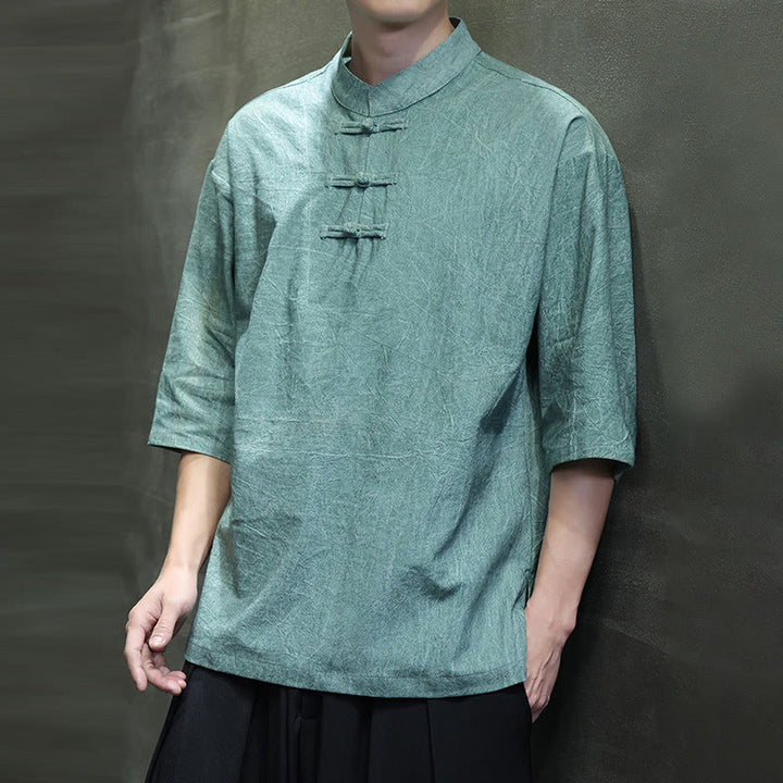 Camicia in cotone e lino a mezza manica con bottoni cinesi a forma di rana da uomo Buddha Stones - image 11