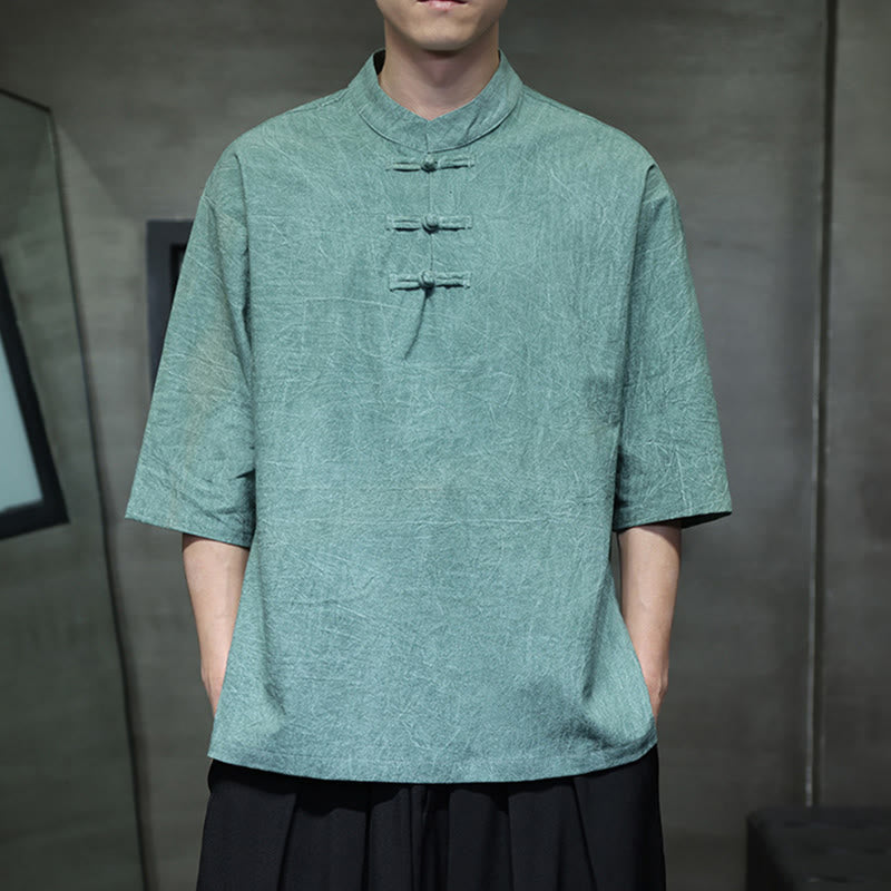 Camicia in cotone e lino a mezza manica con bottoni cinesi a forma di rana da uomo Buddha Stones - image 6