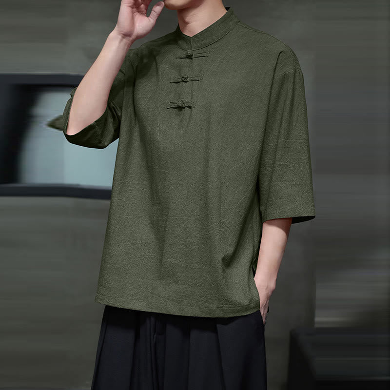 Camicia in cotone e lino a mezza manica con bottoni cinesi a forma di rana da uomo Buddha Stones - image 2