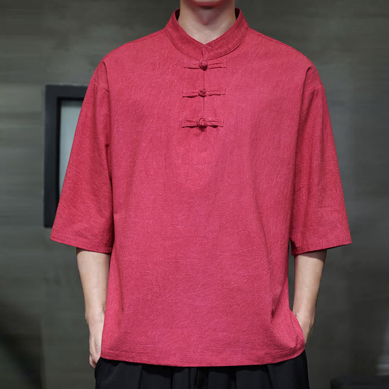 Camicia in cotone e lino a mezza manica con bottoni cinesi a forma di rana da uomo Buddha Stones - image 14