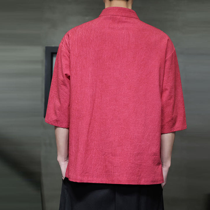 Camicia in cotone e lino a mezza manica con bottoni cinesi a forma di rana da uomo Buddha Stones - image 15