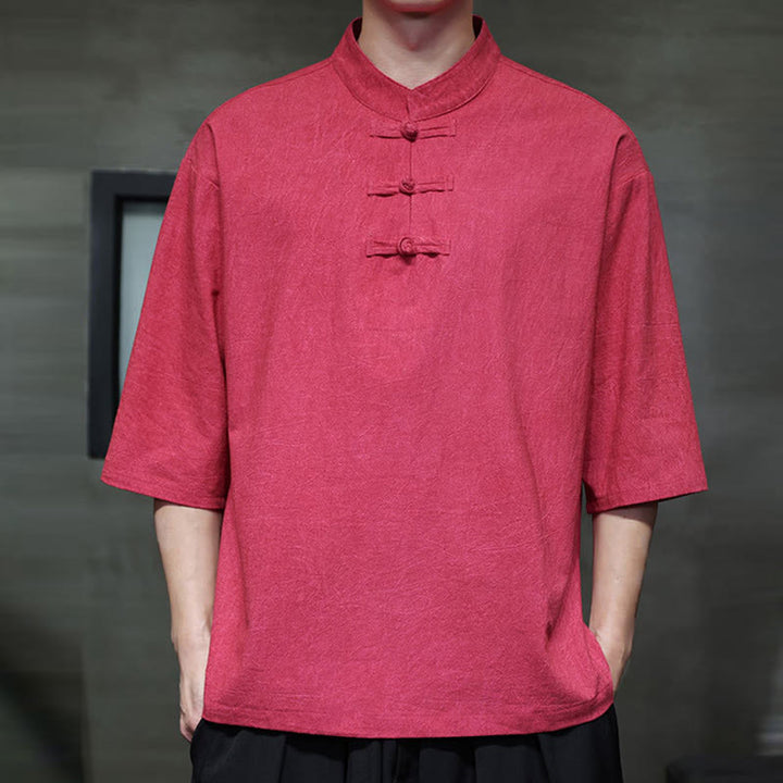 Camicia in cotone e lino a mezza manica con bottoni cinesi a forma di rana da uomo Buddha Stones - image 13