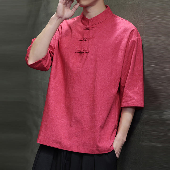 Camicia in cotone e lino a mezza manica con bottoni cinesi a forma di rana da uomo Buddha Stones - image 15